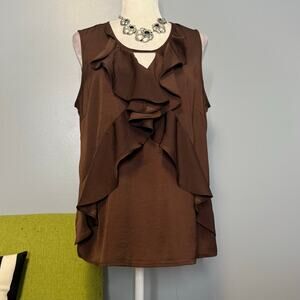Cream Clothing Brown Satin Ruffle Sleeveless Blouse Top 40
